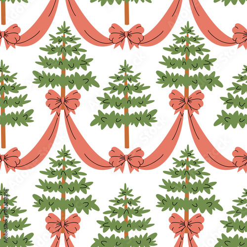 Seamless pattern with flat Christmas trees and pink bows. Festive evergreen design for holiday wrapping paper, seasonal textile prints, or winter celebration digital backgrounds