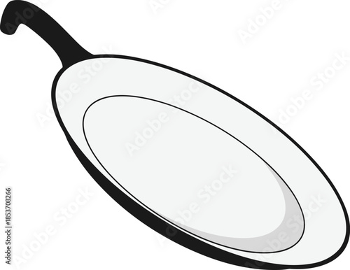 Minimalist black and white line art illustration of a professional frying pan or skillet for cooking kitchenware and culinary concepts on white background