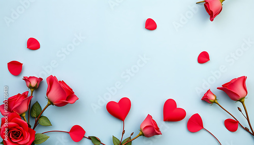 Red roses and heart shapes arranged as a romantic border on a light blue background with copy space expressing love romance and valentine theme
