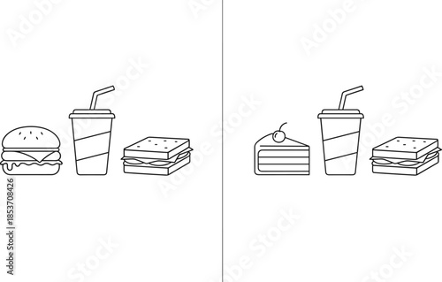Minimalist fast food line art vector set featuring burger sandwich soda cup and cake slice icons for cafe menus restaurant branding and web.