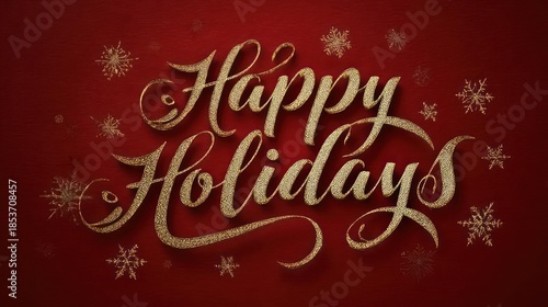 Elegant golden script lettering spelling happy holidays with sparkling snowflakes on a rich red background