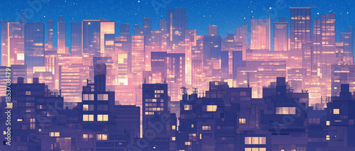 高層ビルの灯りが瞬く幻想都市｜夜空に浮かぶ月と無数の光が織りなす近未来的な街並みイラスト素材・SF・ネオン・都市夜景