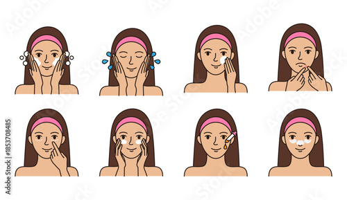 Set of vector icons skin care daily routine. Editable stroke