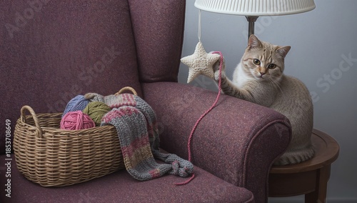 Cat playing with star on chair