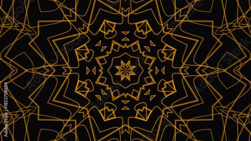Golden geometric kaleidoscope pattern with a black background. Ideal for backgrounds, digital designs, posters, packaging, textiles, and artistic projects.