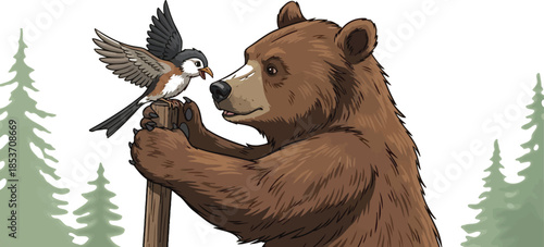 Gentle brown bear curiously interacting with a small songbird perched upon a wooden post outdoors