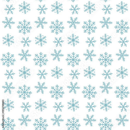Seamless pattern with flat blue snowflakes of various shapes, cute in a row. Minimalist winter design for wrapping paper, Christmas gifts, seasonal textile prints, or festive digital images.
