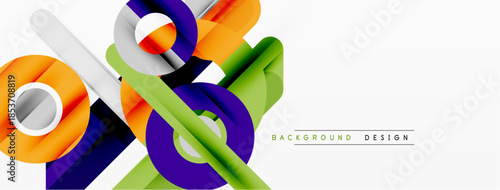 Abstract geometric shapes overlap, creating dynamic composition. Bright colors contrast against white background. Modern design element.