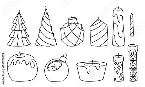 Set of flat contour Christmas candles of various shapes. Decorative holiday collection with snowflakes and tree designs for cozy winter greeting cards, home decor, or seasonal graphic design
