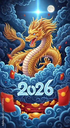 Wallpaper Mural Illustration of golden dragon with 2026 numerals, red envelopes, gold ingot on blue clouds, under lunar sky, symbolizing luck, prosperity, auspiciousness Torontodigital.ca