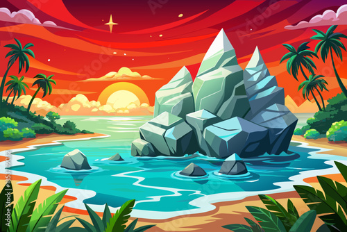 island beach bordered by dense jungle vegetation meets crystal clear sea water, creating a lush tropical coastal ecosystem.