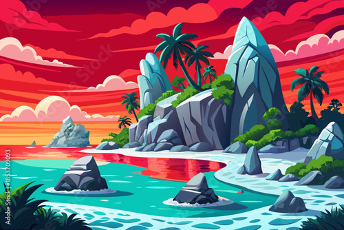 island beach bordered by dense jungle vegetation meets crystal clear sea water, creating a lush tropical coastal ecosystem.