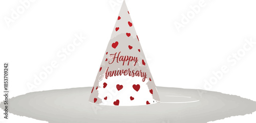 White paper party hat decorated with red hearts and script text celebrating a happy anniversary occasion