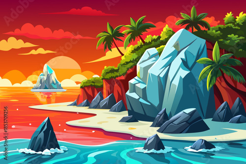 island beach bordered by dense jungle vegetation meets crystal clear sea water, creating a lush tropical coastal ecosystem.