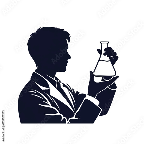 A cartoon silhouette of a man in a lab coat holding a conical flask against a clean white background with a scientific and minimalist mood.