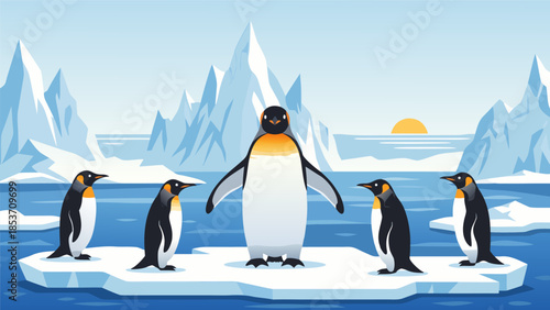A group of emperor penguins stand together on an ice floe under a clear sky with distant mountains and a setting sun