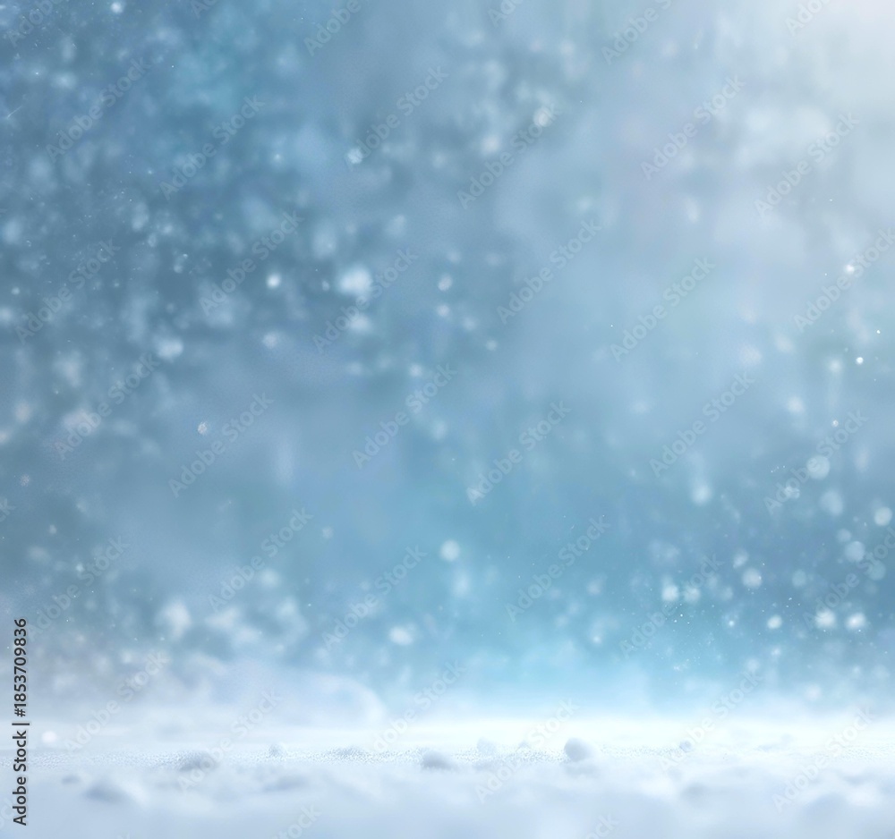 Fototapeta premium Elegant winter holiday background with soft falling snow, icy blue and white color palette, subtle bokeh lights