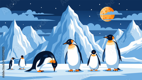 Captivating illustration of a penguin family enjoying a serene night in an icy, mountainous landscape under a full moon