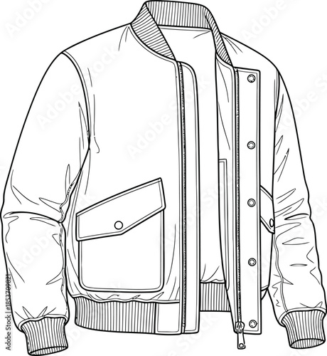 Detailed technical flat sketch of a classic bomber jacket design with front zipper and flap pockets