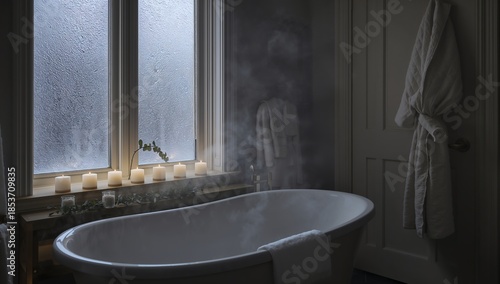 Bathtub with Steam and Candles in Dark Bathroom