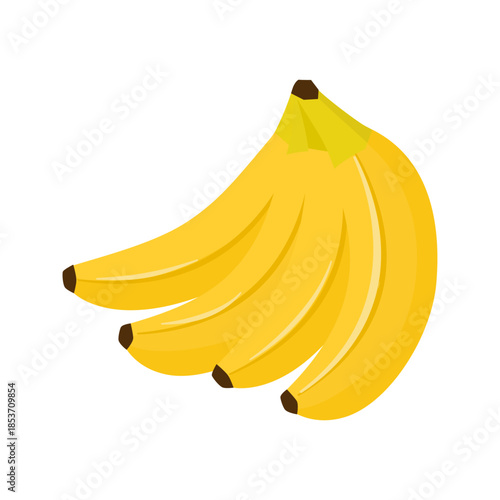 Ripe banana bunch vector illustration. Yellow bananas on white background. Flat tropical fruit design, fresh whole bananas. Food, grocery and healthy nutrition.