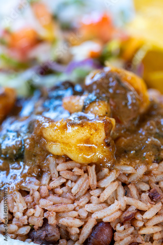 Costa Rican traditional rice and beans with shrimp, Caribbean seafood dish