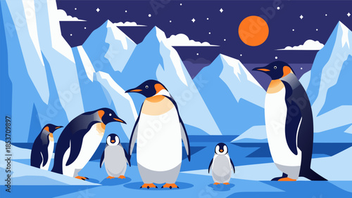 Whimsical illustration of a family of emperor penguins standing on an icy landscape under a starry night sky with a rising sun