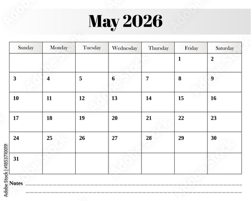 May 2026 professional monthly calendar vector design featuring a minimal grid layout with clearly labeled weekdays and a notes section