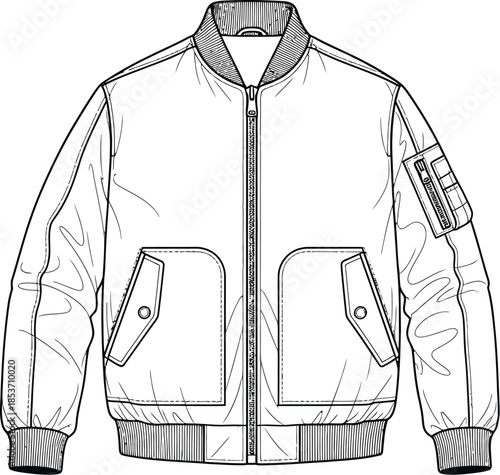 Detailed technical flat sketch drawing of a classic bomber flight jacket with ribbed trim and sleeve pocket