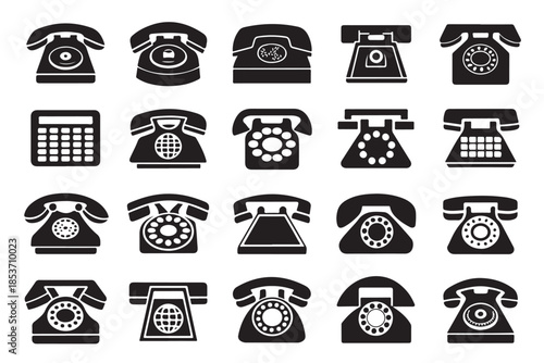 Collection of vintage and modern rotary phone icons in black
