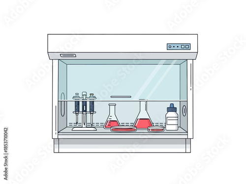Laboratory fume hood with scientific equipment inside for experiments.