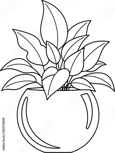 Simple black and white line art drawing of a lush houseplant growing in a round glass terrarium container
