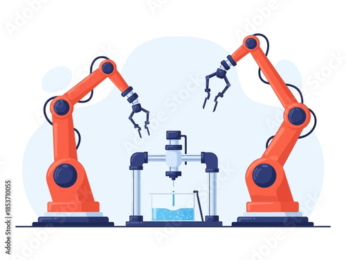 Robotic arms and 3D printer in a factory setting.