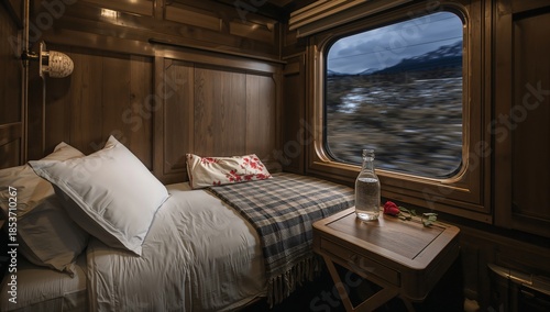 Train Cabin with Bed, Water Bottle and Window View