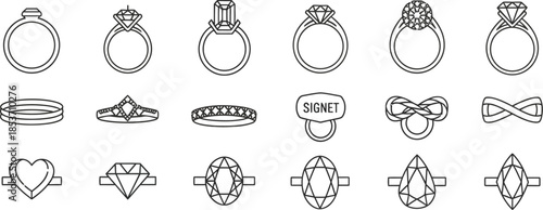 Collection of minimalist line art icons representing various styles of engagement and fashion rings for jewelry design