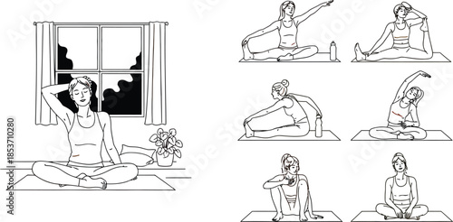 Collection of illustrated yoga poses demonstrating stretching and mindful relaxation exercises for home practice