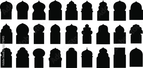 A collection of traditional Islamic mosque window and door shapes in black silhouettes on a white backdrop
