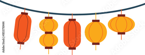 A delightful illustration shows five vibrant orange and yellow decorative lanterns hanging neatly on a dark string
