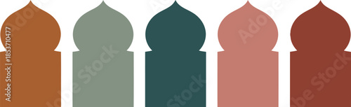 A row of five distinct mosque arch profiles rendered in warm and cool muted tones