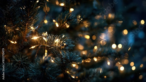 Softly glowing warm yellow christmas lights create a festive bokeh effect on a dark evergreen tree branch