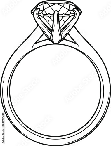 Simple black and white line art drawing of a classic solitaire diamond engagement ring viewed from above