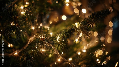 Softly glowing warm fairy lights illuminating the branches of a christmas tree in a cozy festive atmosphere