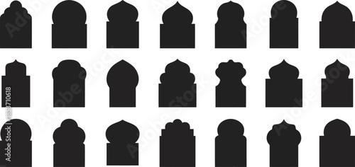Collection of diverse black Islamic and Moorish arch and window silhouettes against a pristine white background