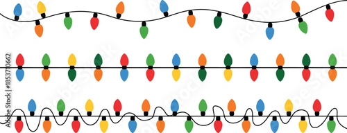 Colorful Christmas string lights in various patterns including straight and wavy lines on a simple white background