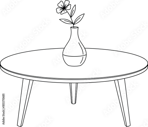 Minimalist line art drawing of a small round coffee table featuring a simple vase with one flower bloom
