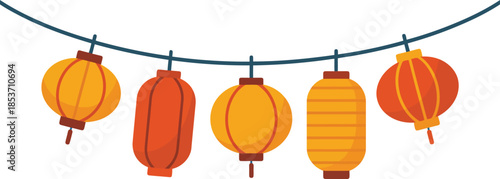 Five beautifully varied orange and yellow paper lanterns suspended on a festive string