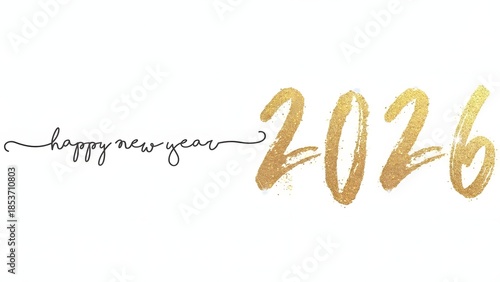 Happy new year 2026 with elegant black script and sparkling gold glitter numbers
