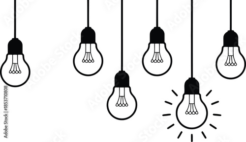 Several hanging light bulbs are displayed on a white backdrop, with one bulb brightly illuminated