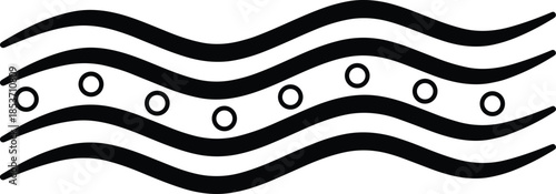 Abstract black and white graphic featuring flowing horizontal wavy lines with decorative circular dots representing water ripples ocean waves or liquid movement