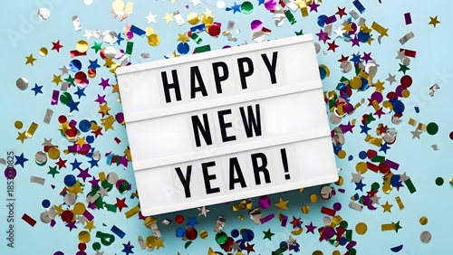 Happy new year message on a lightbox surrounded by vibrant confetti for festive celebrations